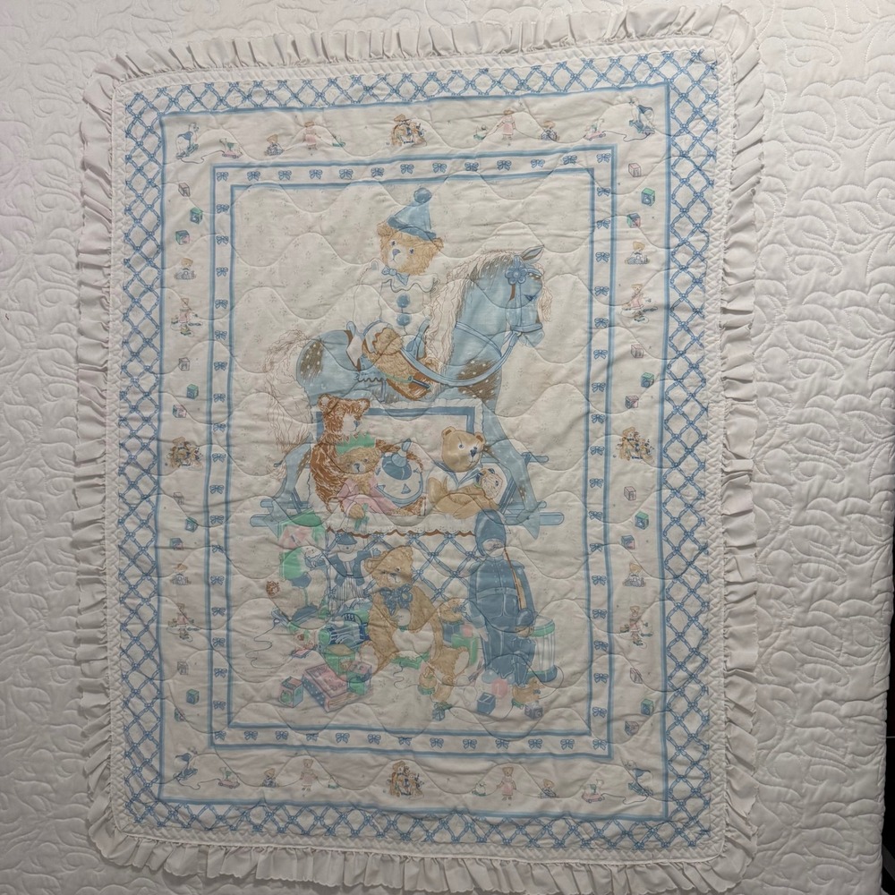 Vintage Teddy Bear Rocking Horse Baby Quilt Blue White Ruffle Good 35x45